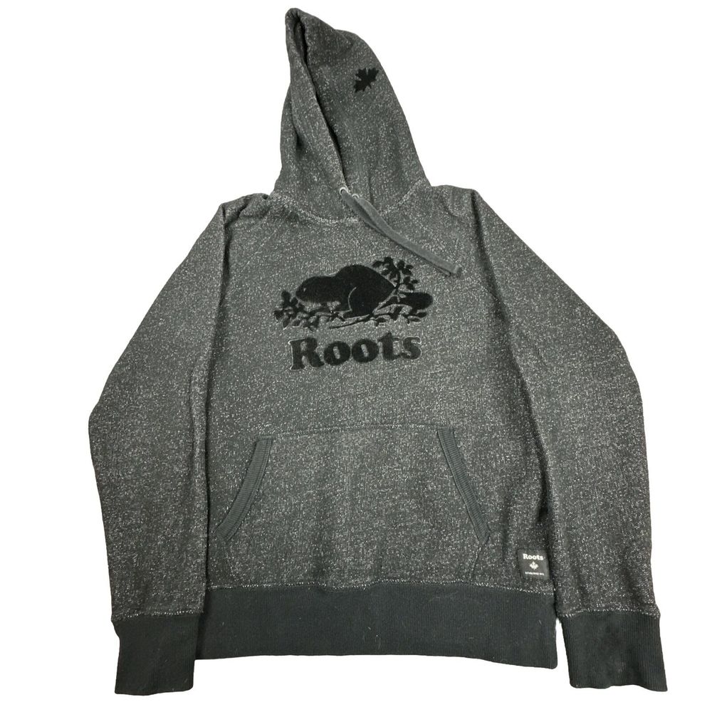 ROOTS Canada Beaver Hoodie Sweathirt Lined Pullover Mens Size Medium Gray